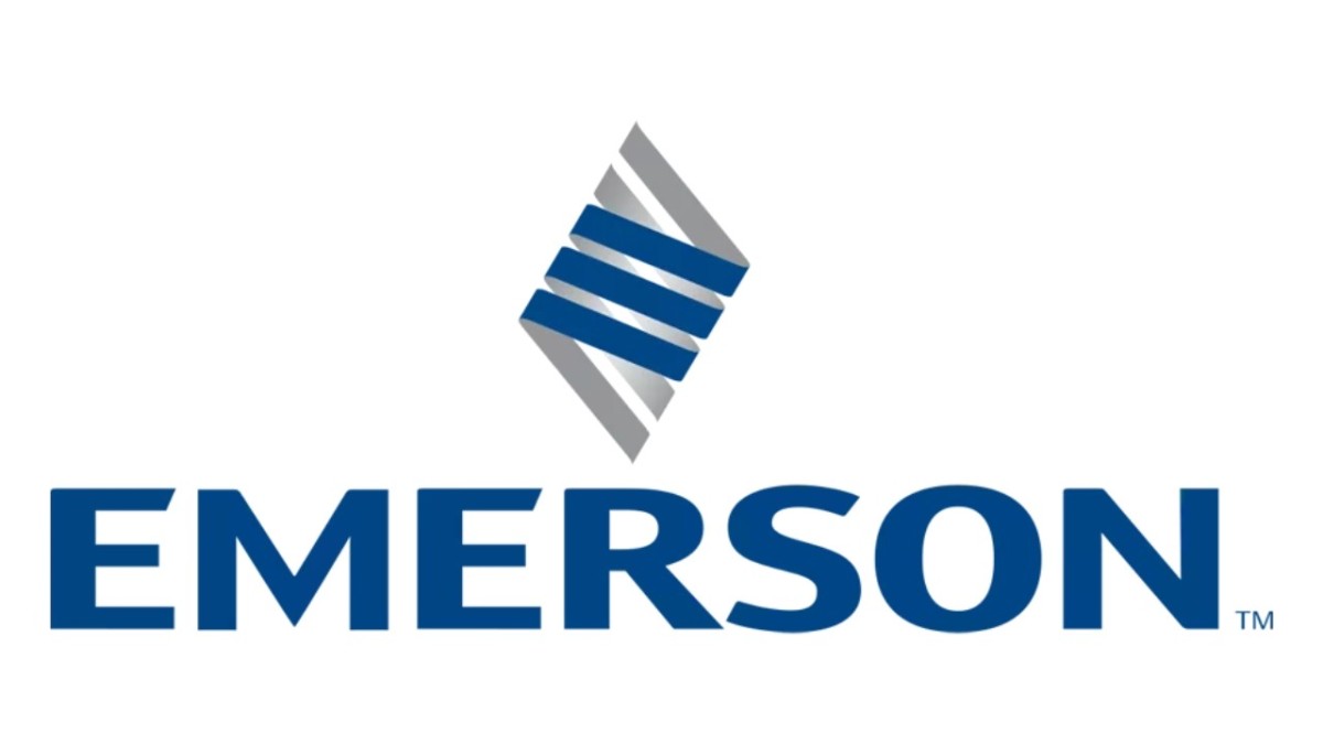 Logo van Emerson met een stilistische diamantvorm en de naam "EMERSON" in blauwe letters.