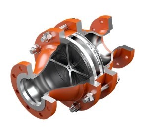 Een doorsnede van een turbocharger met een metalen binnenkant en oranje uitwendige onderdelen.