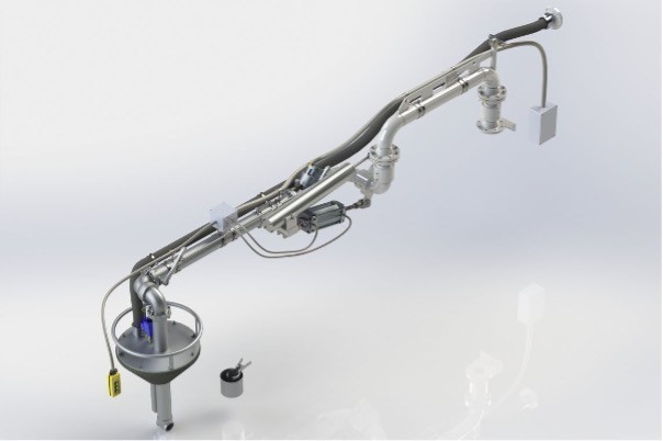 Technisch ontwerp van een buizensysteem met verschillende aansluitingen, sensoren en een reservoir.