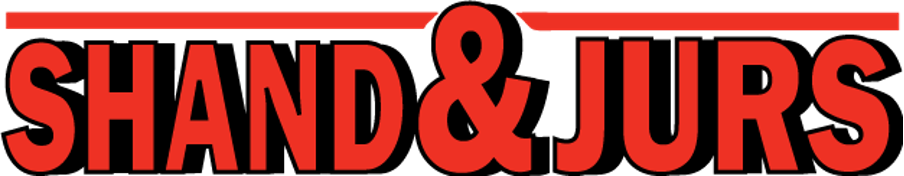 Logo van Shand &amp; Jurs in rode letters op een zwarte achtergrond.