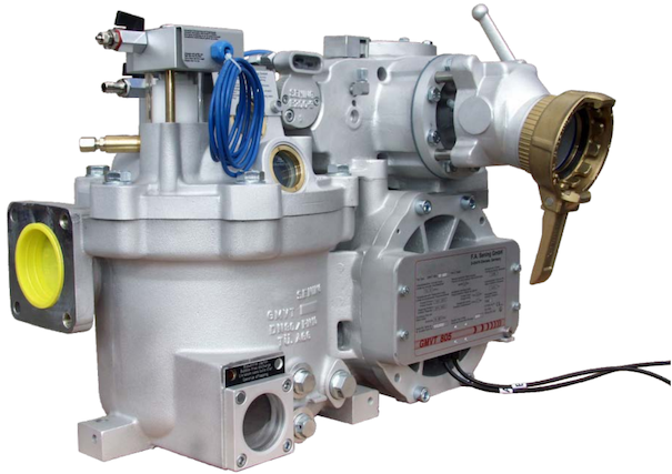 Een gedetailleerde afbeelding van een motoronderdeel, specifiek een turbocharger, met verschillende aansluitingen en een metallic afwerking.